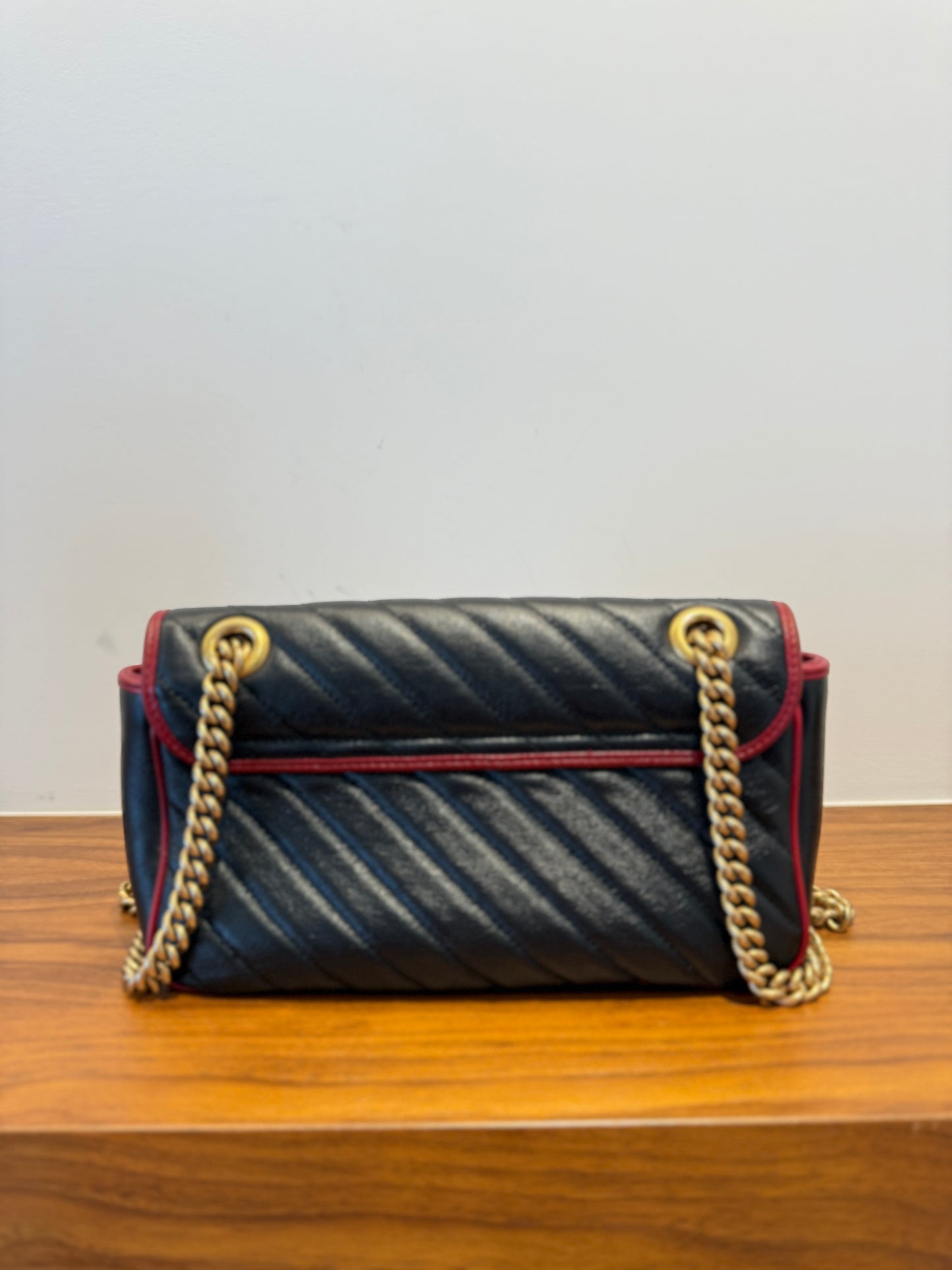 Gucci Vintage Effect Calfskin Matelasse Diagonal Small Torchon GG Marmont Black Romantic Cherry