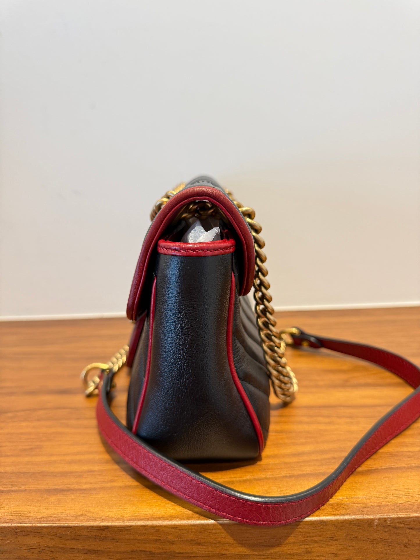 Gucci Vintage Effect Calfskin Matelasse Diagonal Small Torchon GG Marmont Black Romantic Cherry