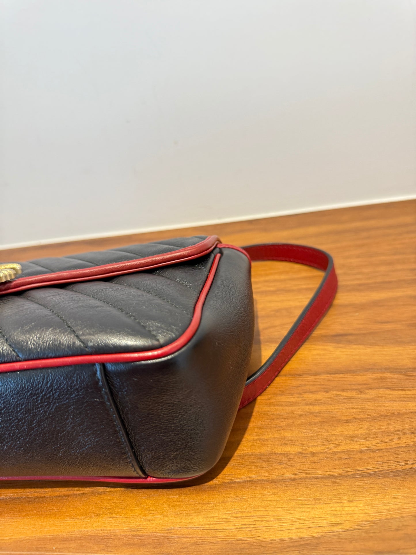 Gucci Vintage Effect Calfskin Matelasse Diagonal Small Torchon GG Marmont Black Romantic Cherry