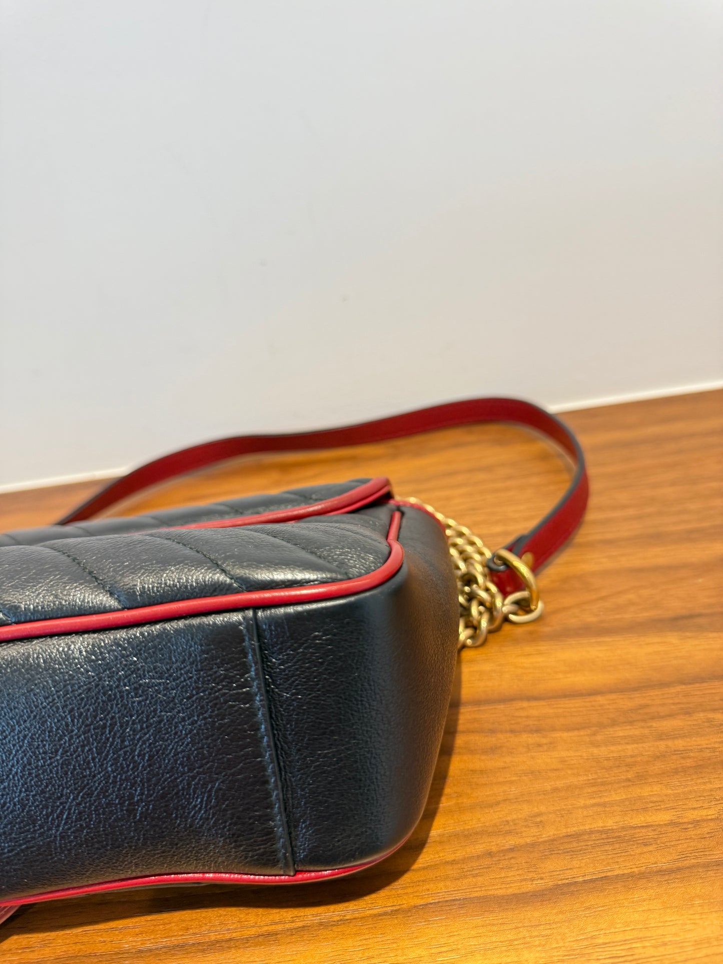 Gucci Vintage Effect Calfskin Matelasse Diagonal Small Torchon GG Marmont Black Romantic Cherry