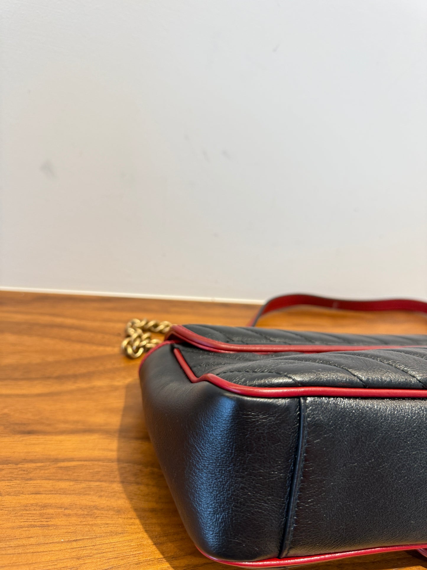 Gucci Vintage Effect Calfskin Matelasse Diagonal Small Torchon GG Marmont Black Romantic Cherry