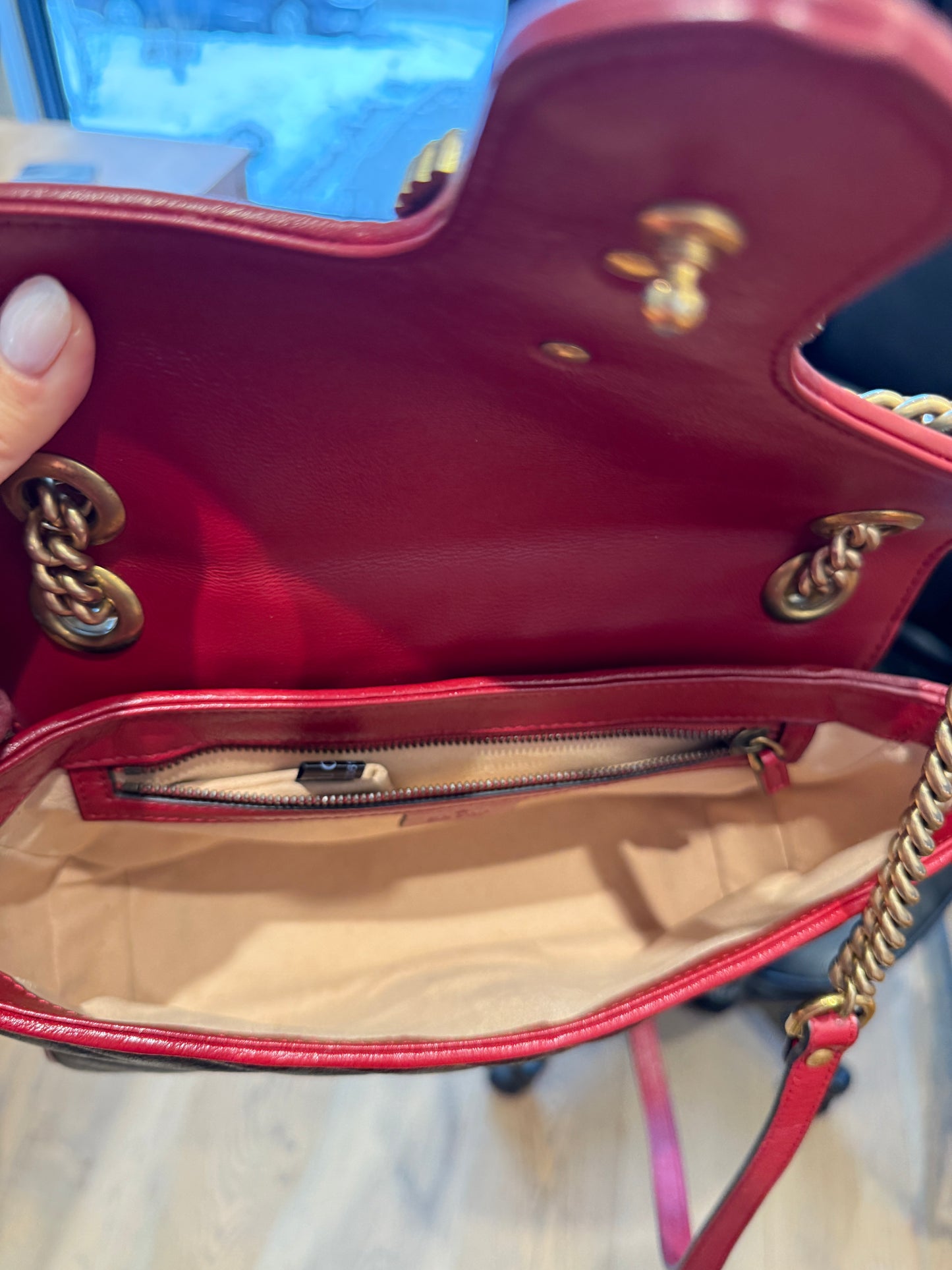 Gucci Vintage Effect Calfskin Matelasse Diagonal Small Torchon GG Marmont Black Romantic Cherry