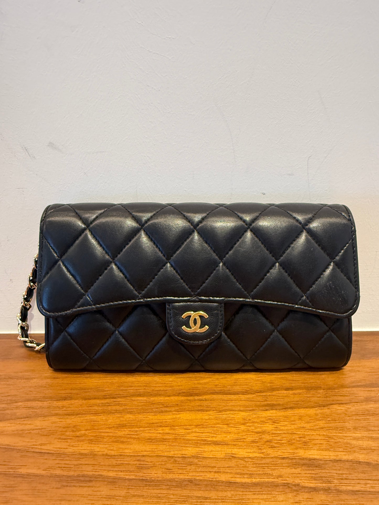 Chanel Lambskin Quilted Large Flap Wallet Black with 3rd party chain