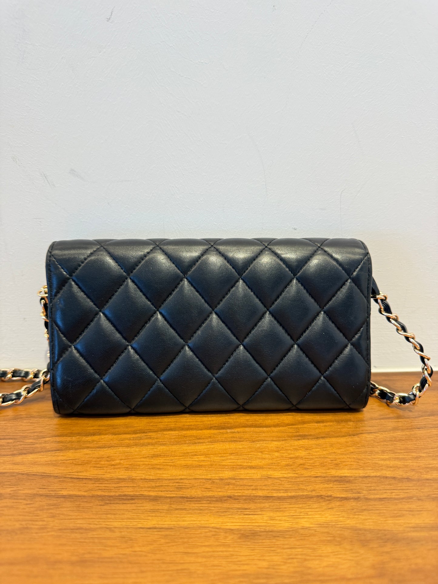 Chanel Lambskin Quilted Large Flap Wallet Black with 3rd party chain