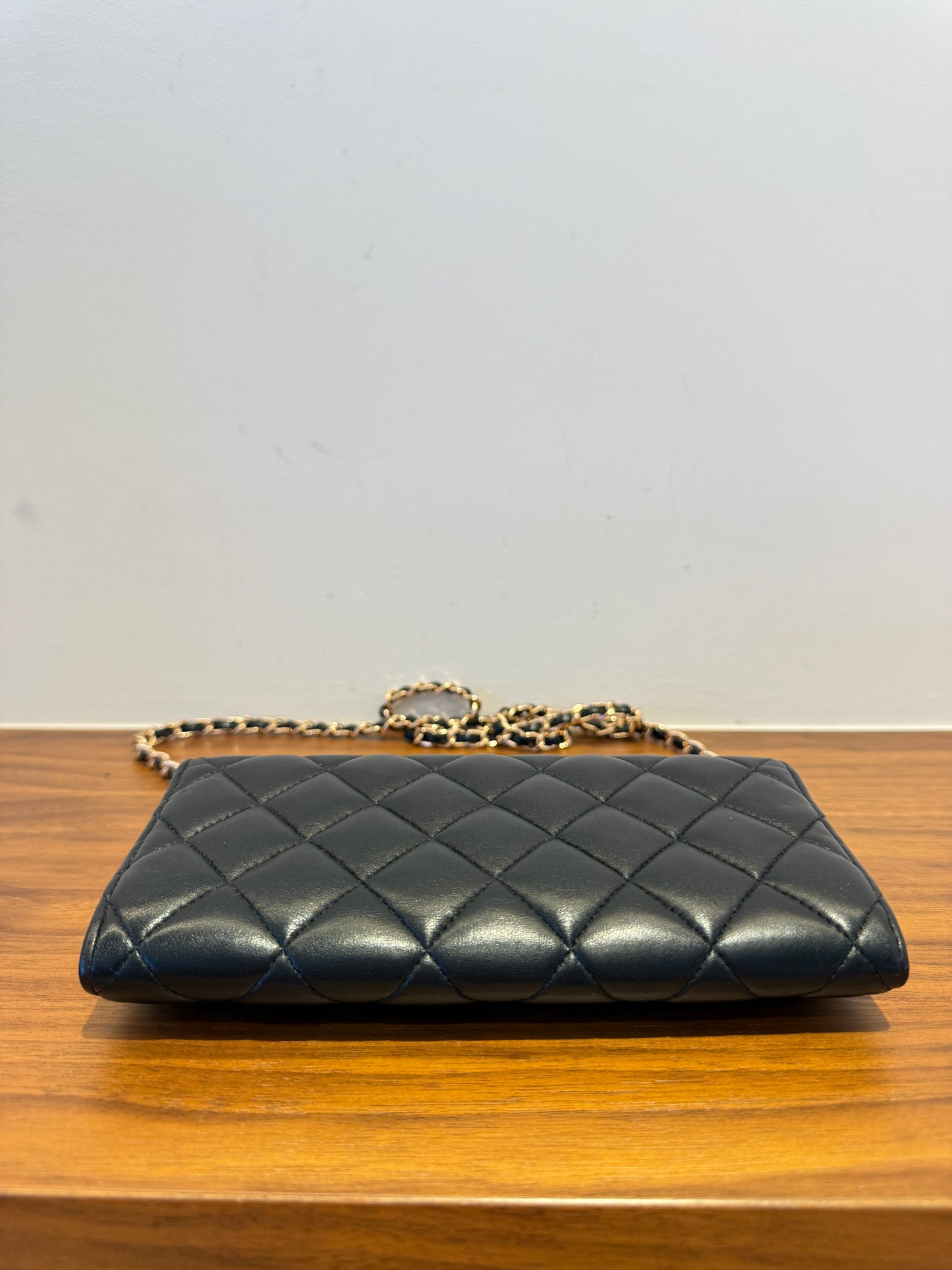 Chanel Lambskin Quilted Large Flap Wallet Black with 3rd party chain