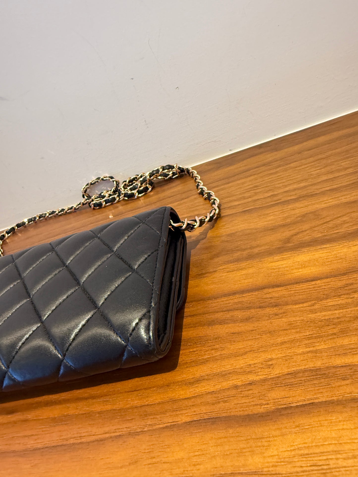 Chanel Lambskin Quilted Large Flap Wallet Black with 3rd party chain