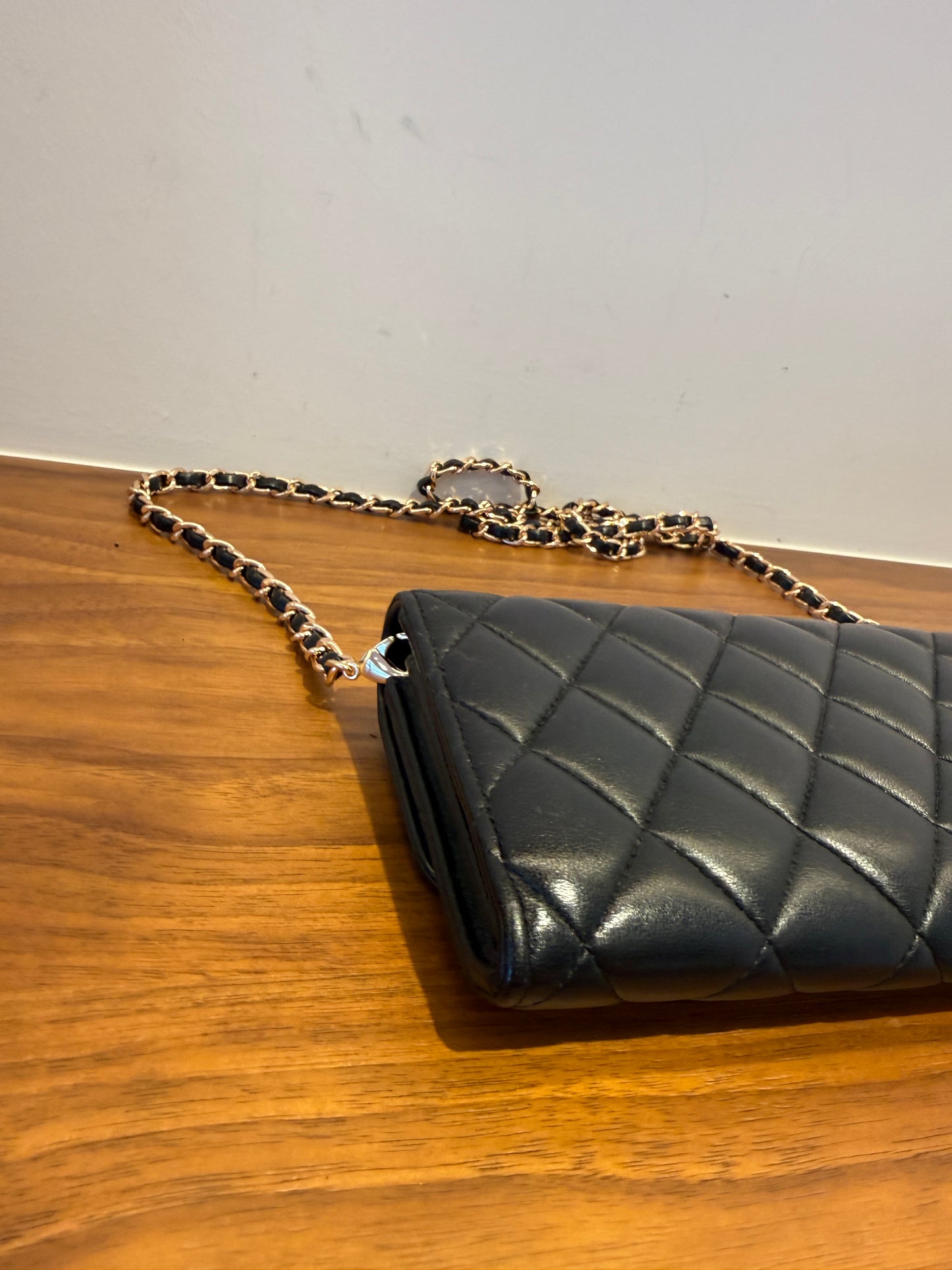 Chanel Lambskin Quilted Large Flap Wallet Black with 3rd party chain