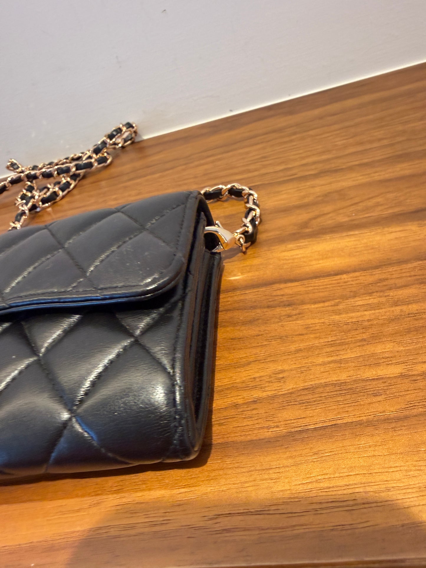 Chanel Lambskin Quilted Large Flap Wallet Black with 3rd party chain