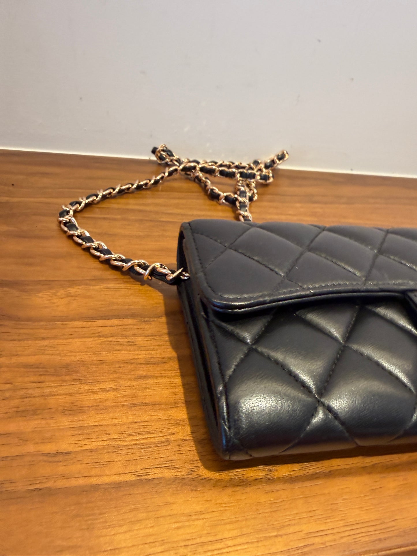 Chanel Lambskin Quilted Large Flap Wallet Black with 3rd party chain