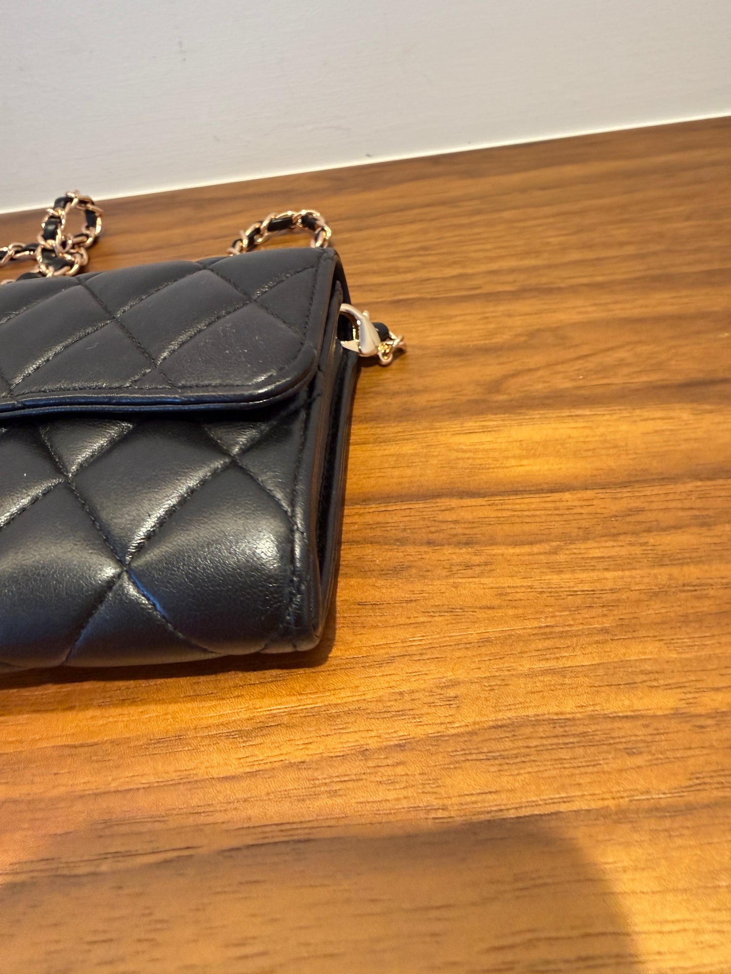 Chanel Lambskin Quilted Large Flap Wallet Black with 3rd party chain