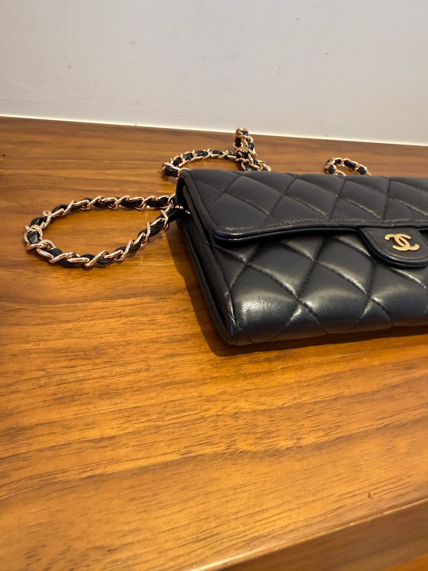 Chanel Lambskin Quilted Large Flap Wallet Black with 3rd party chain