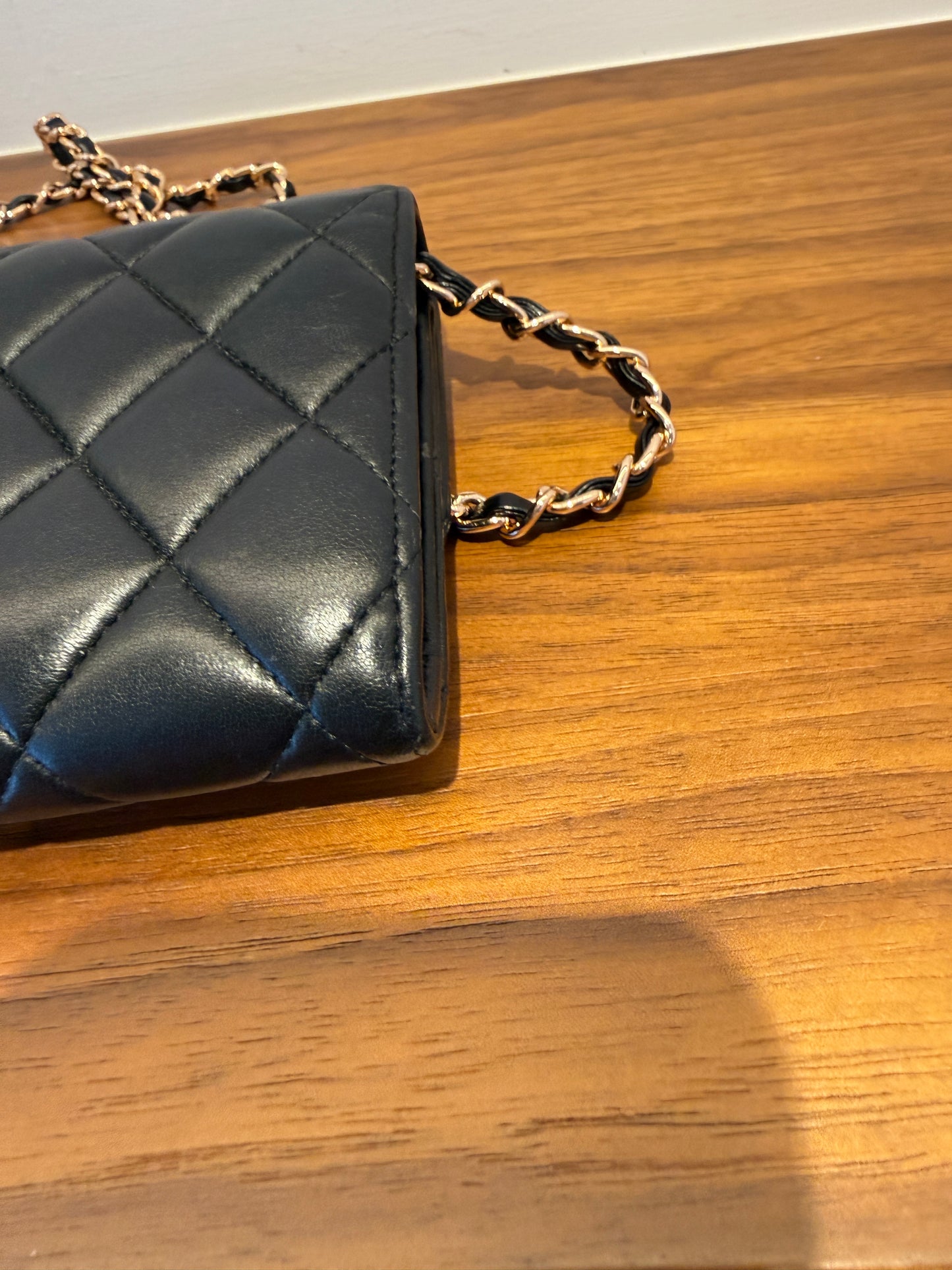 Chanel Lambskin Quilted Large Flap Wallet Black with 3rd party chain
