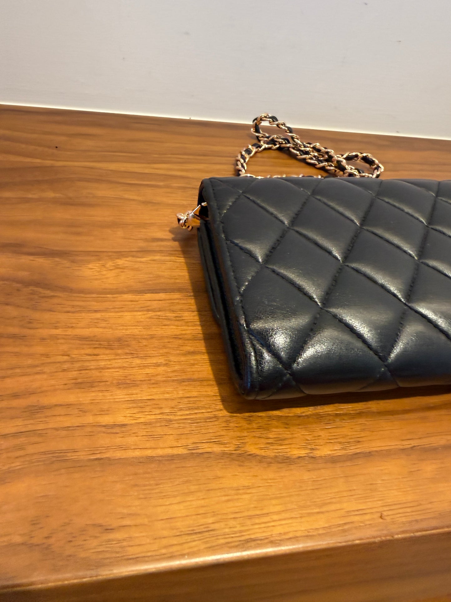 Chanel Lambskin Quilted Large Flap Wallet Black with 3rd party chain