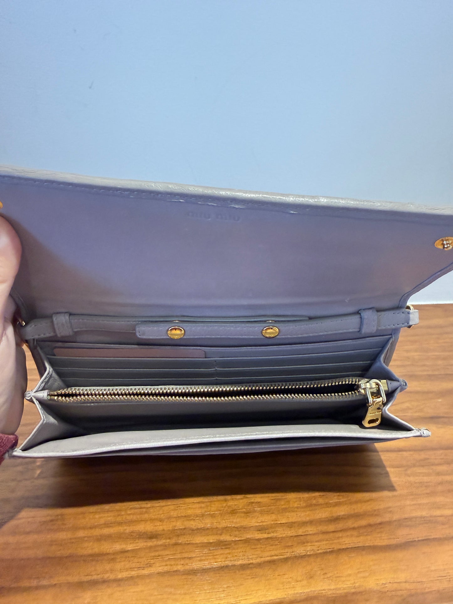 Miu Miu Nappa Matelasse Wallet on Chain in Griege