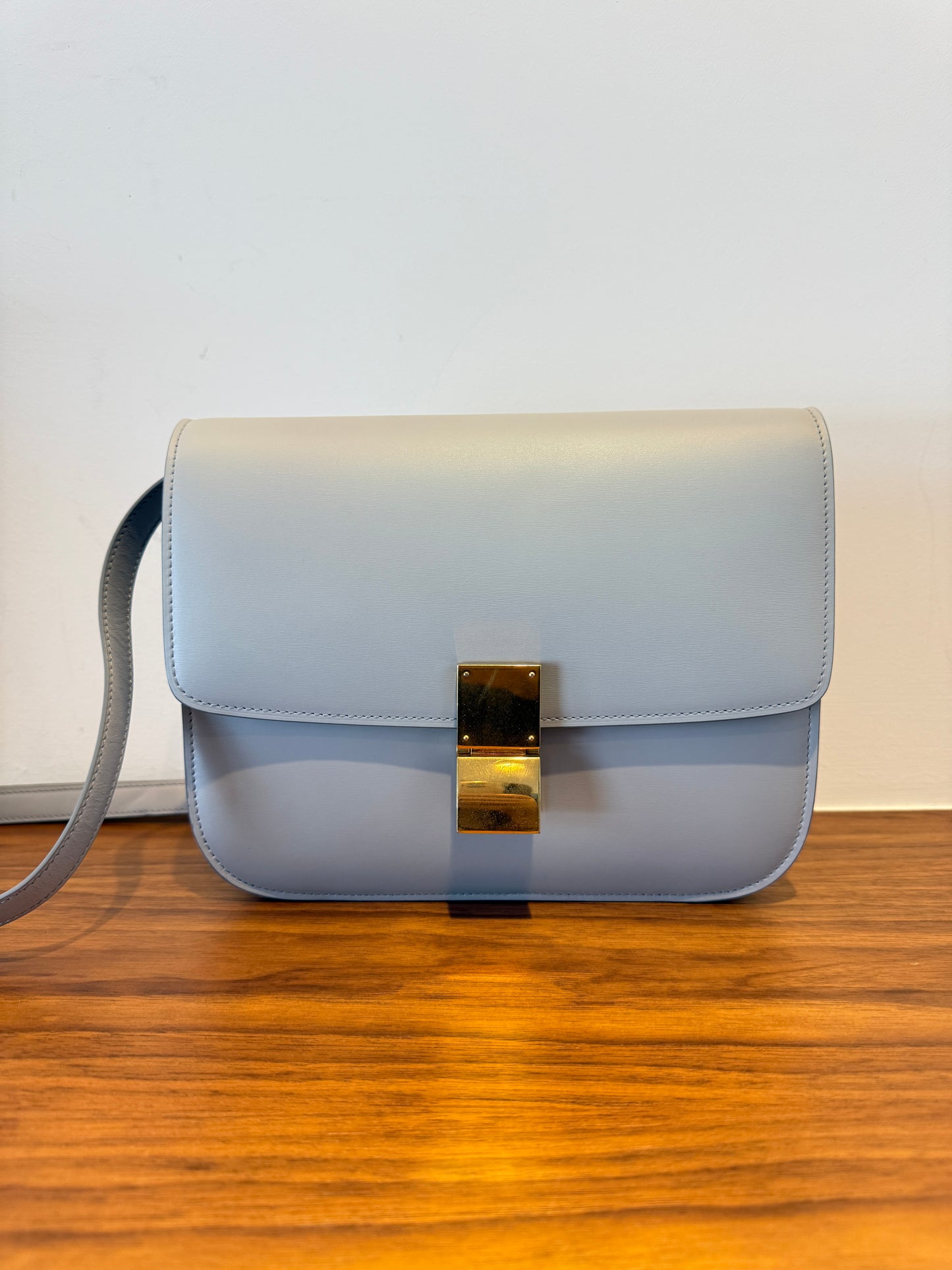 Celine Box Calfskin Medium Classic Box Flap Bag Pale Blue and Gold