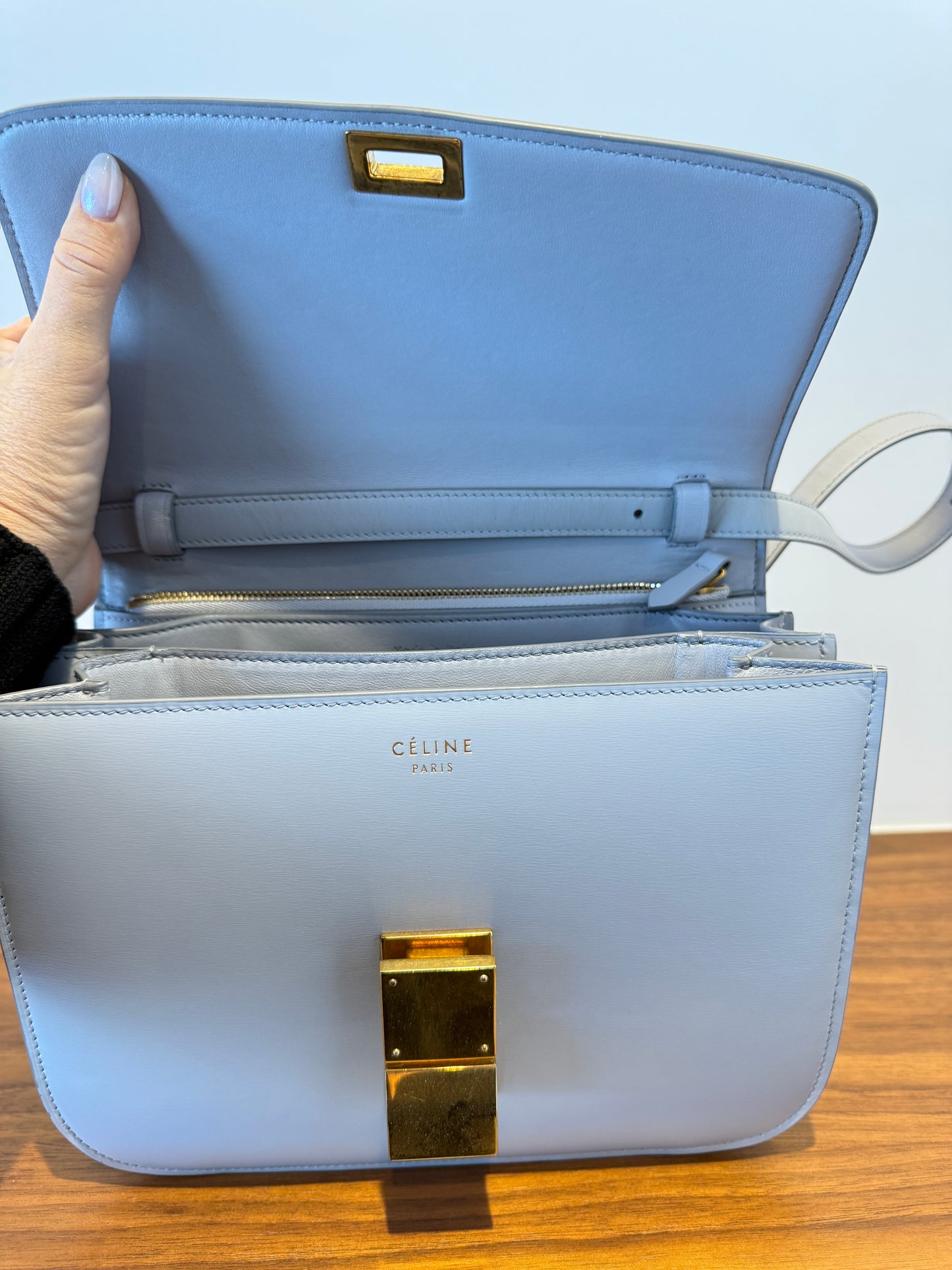 Celine Box Calfskin Medium Classic Box Flap Bag Pale Blue and Gold