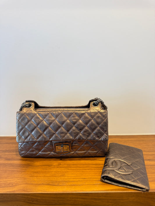 chanel 2.55 bronze metallic tote with matching wallet authentic preowned from purseonalshopper