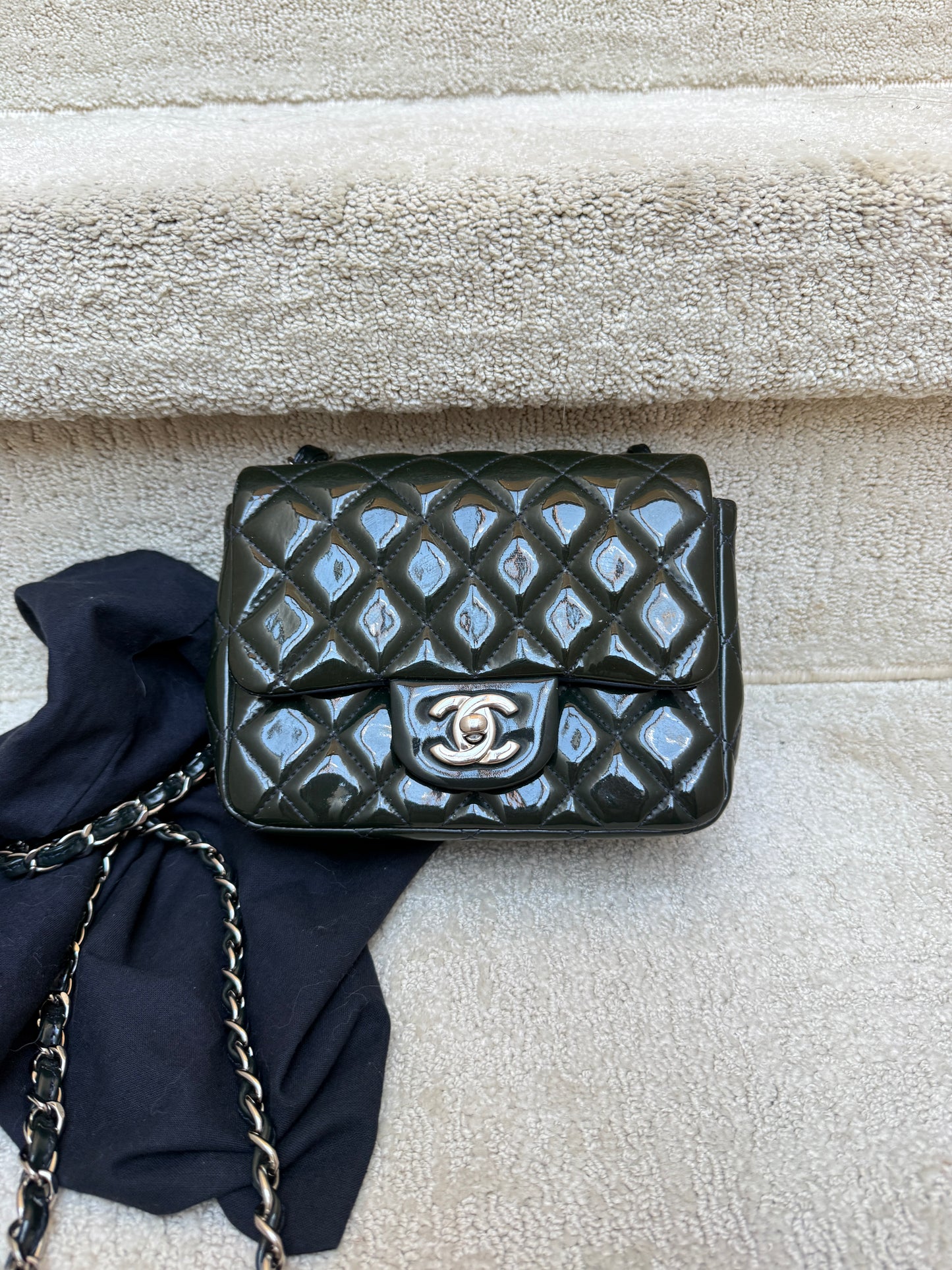 Chanel mini square Classic Flap in Navy patent with silver hardware