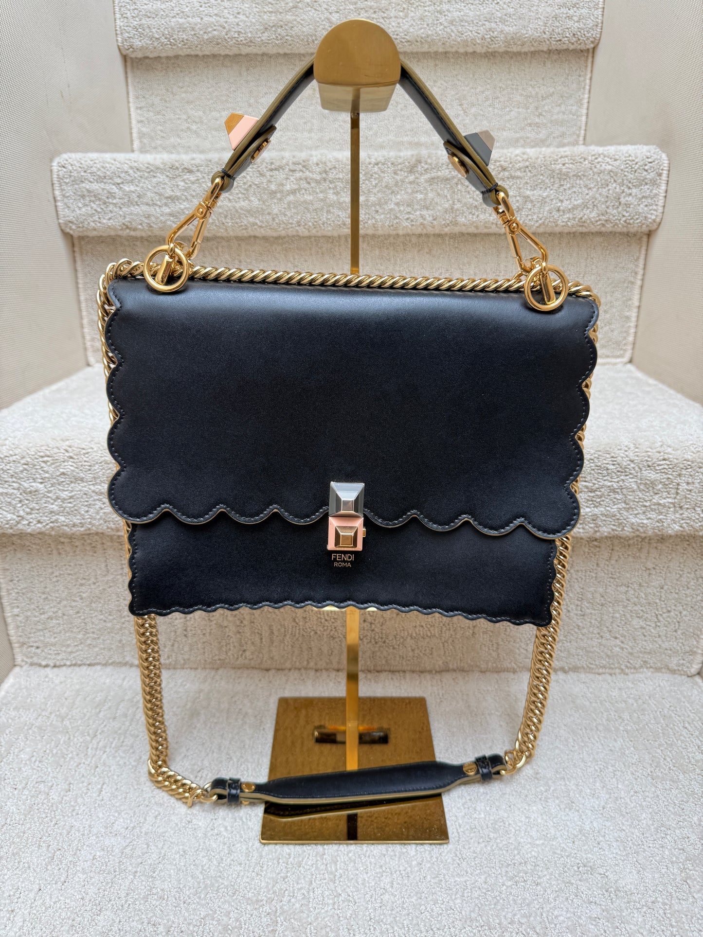 Fendi Vitello Liberty Scalloped Studded Kan I Shoulder Bag Black