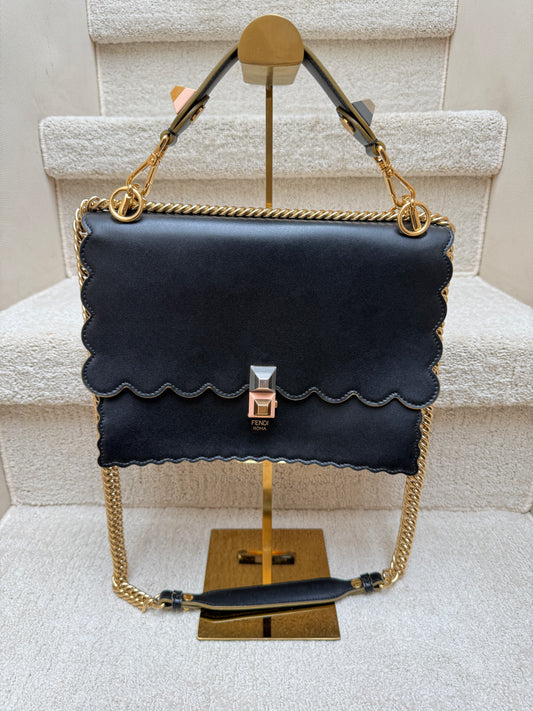 Fendi Vitello Liberty Scalloped Studded Kan I Shoulder Bag Black
