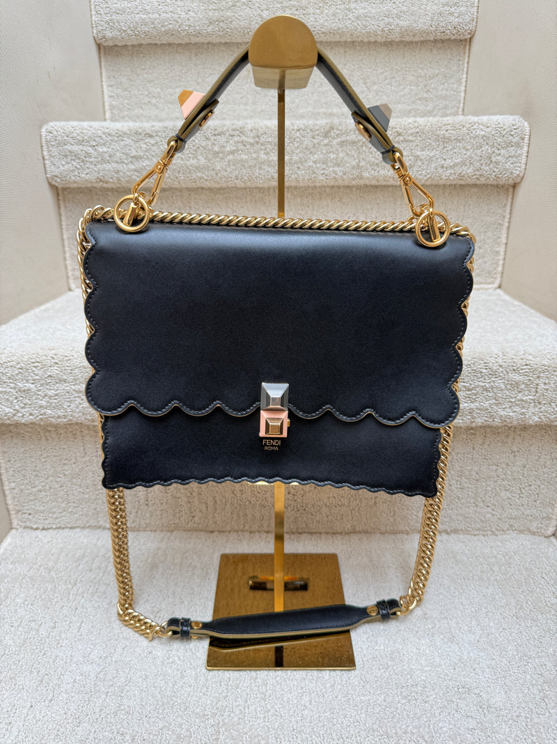 Fendi Vitello Liberty Scalloped Studded Kan I Shoulder Bag Black