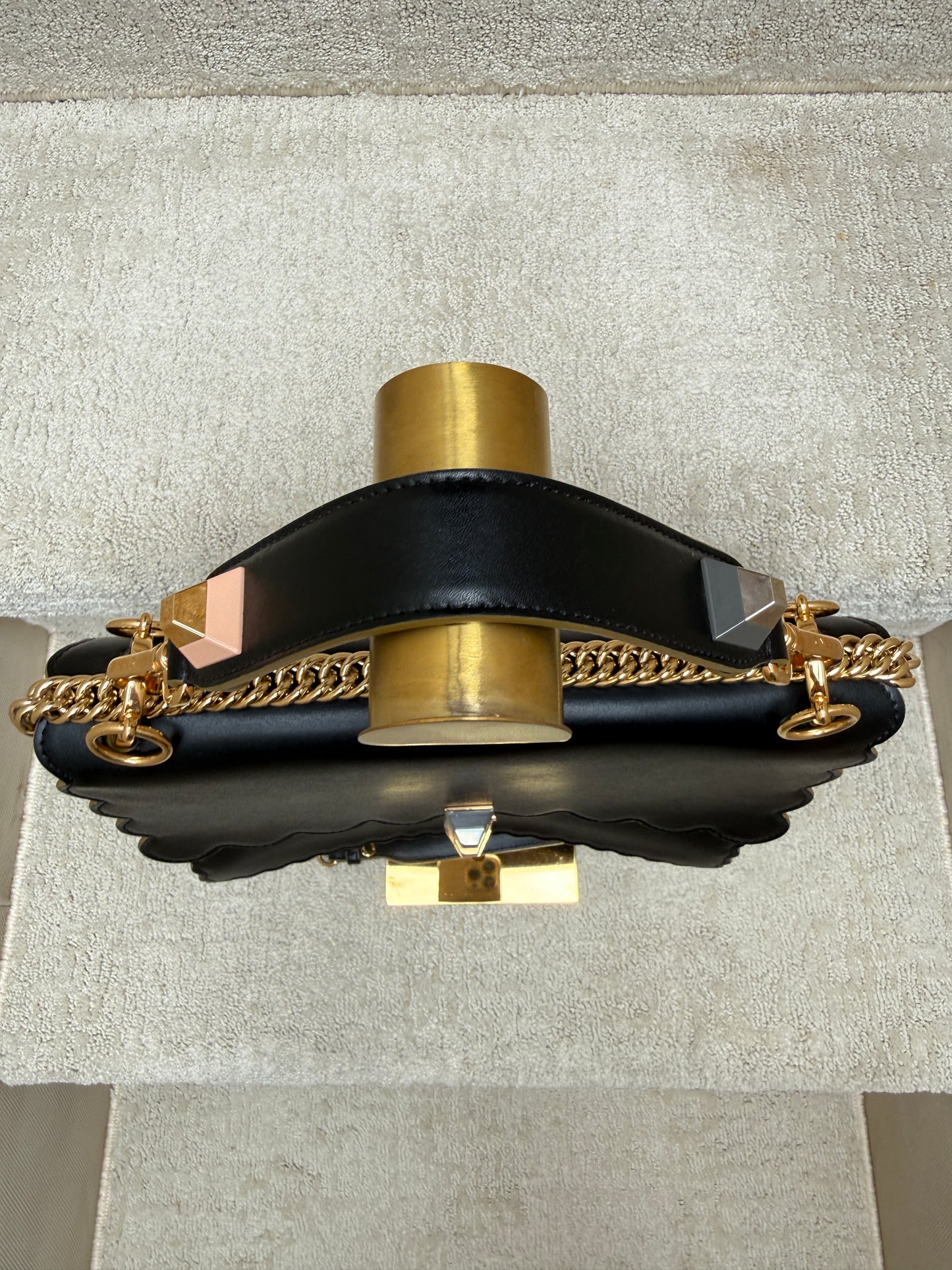 Fendi Vitello Liberty Scalloped Studded Kan I Shoulder Bag Black