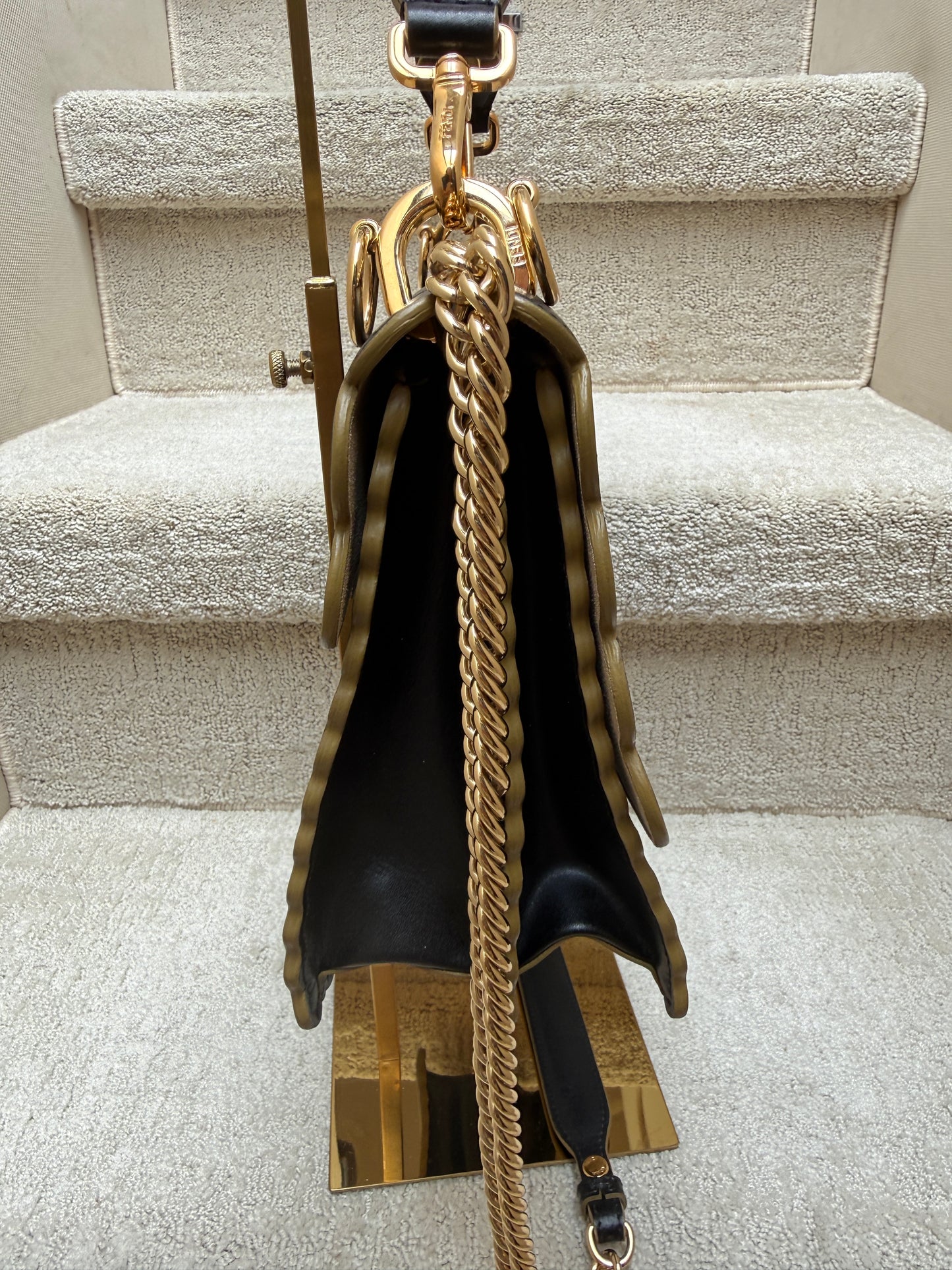 Fendi Vitello Liberty Scalloped Studded Kan I Shoulder Bag Black