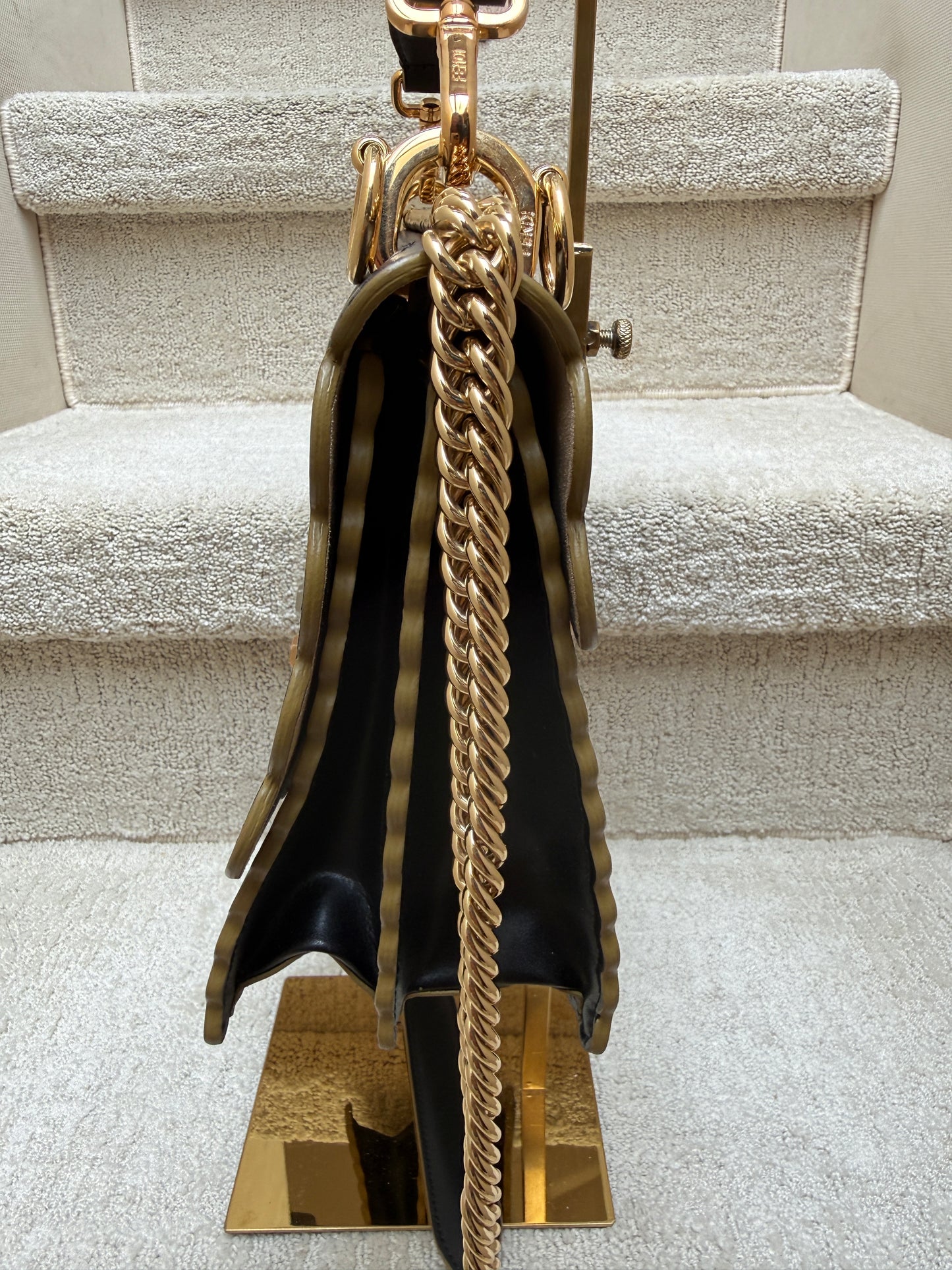 Fendi Vitello Liberty Scalloped Studded Kan I Shoulder Bag Black