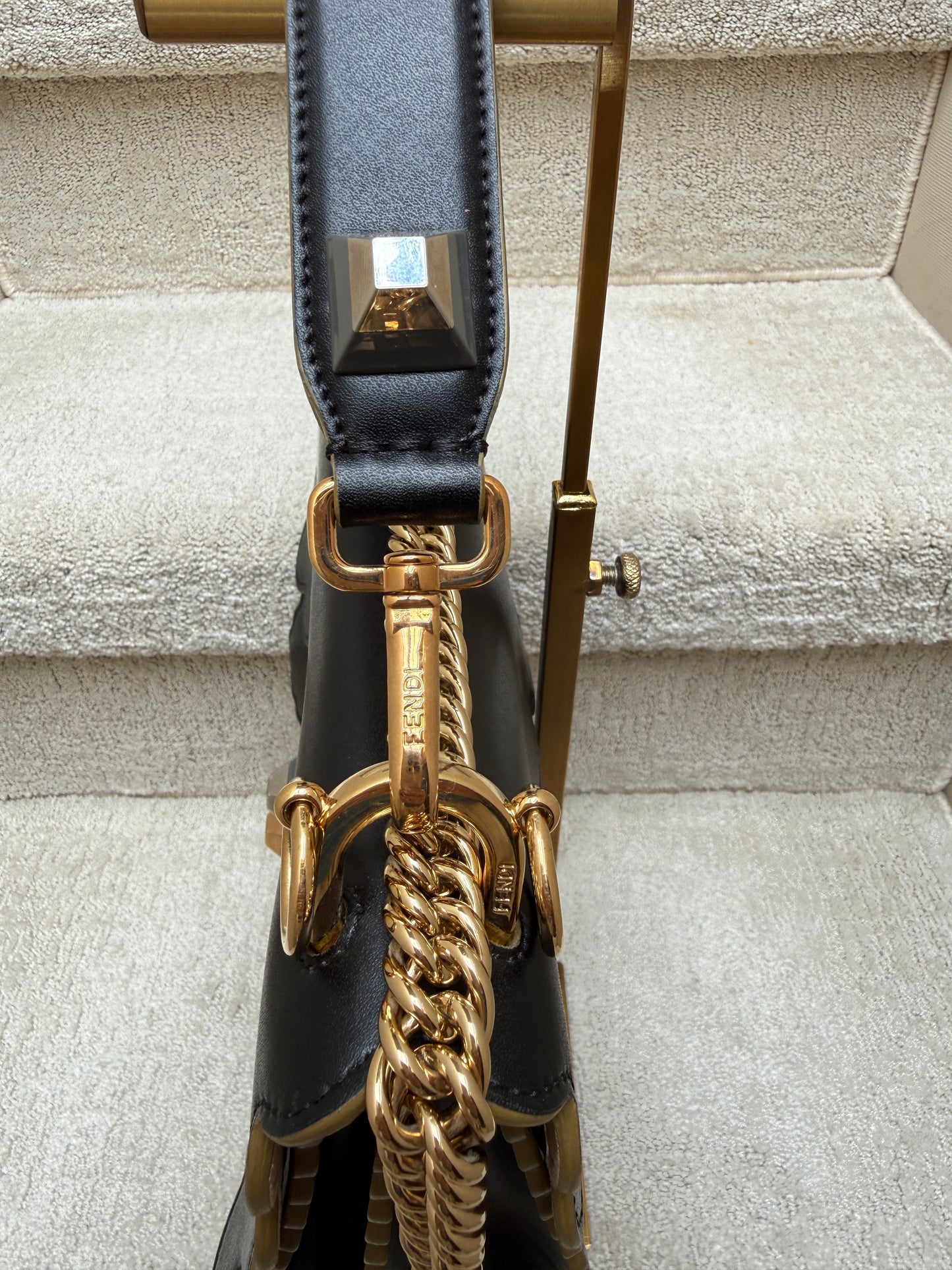 Fendi Vitello Liberty Scalloped Studded Kan I Shoulder Bag Black