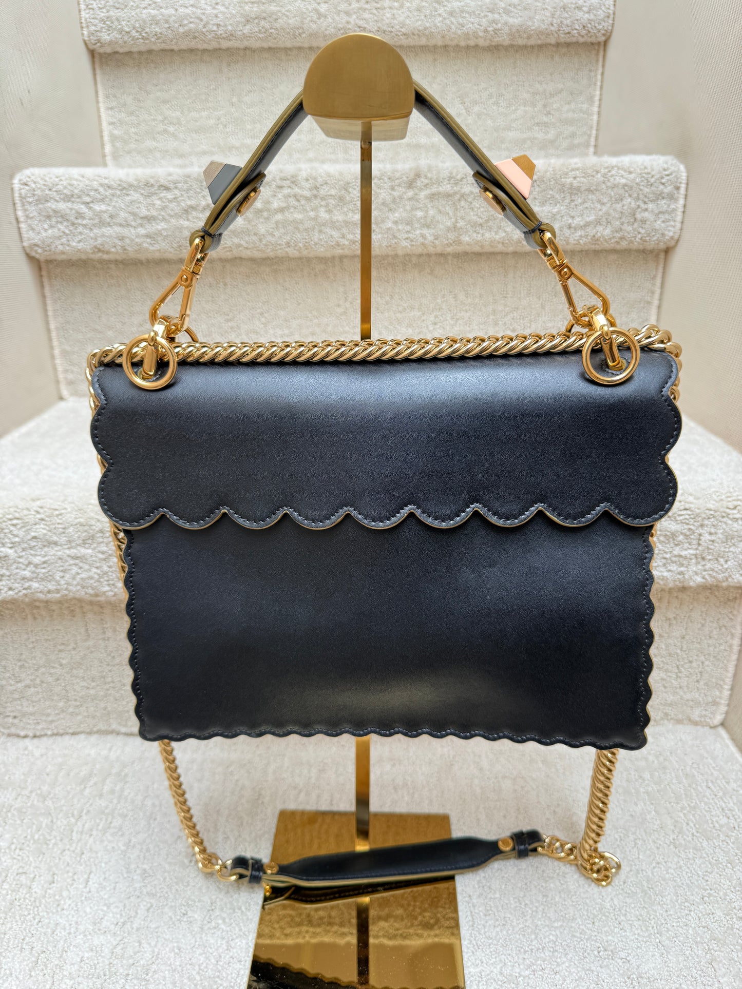 Fendi Vitello Liberty Scalloped Studded Kan I Shoulder Bag Black