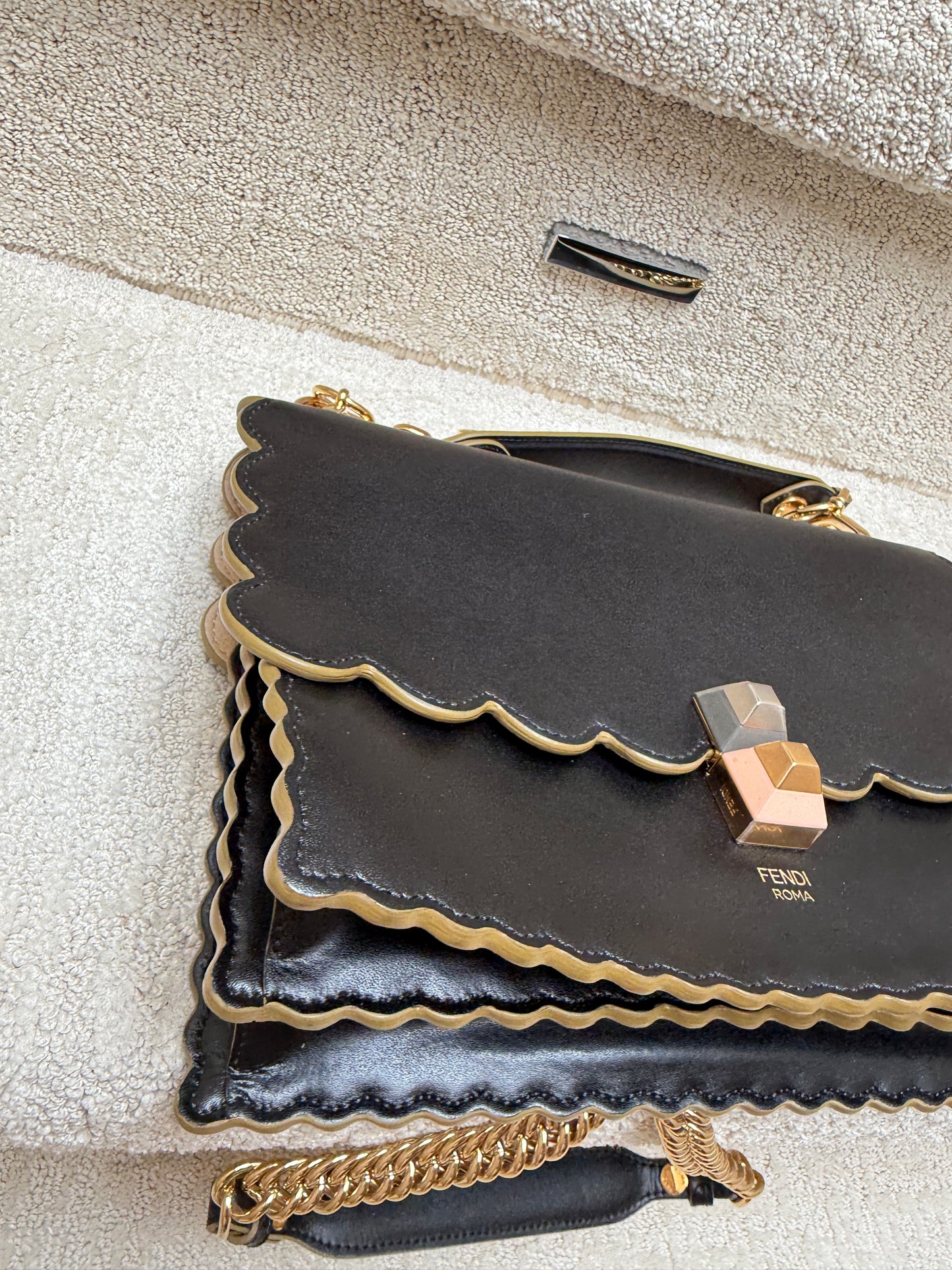 Fendi Vitello Liberty Scalloped Studded Kan I Shoulder Bag Black