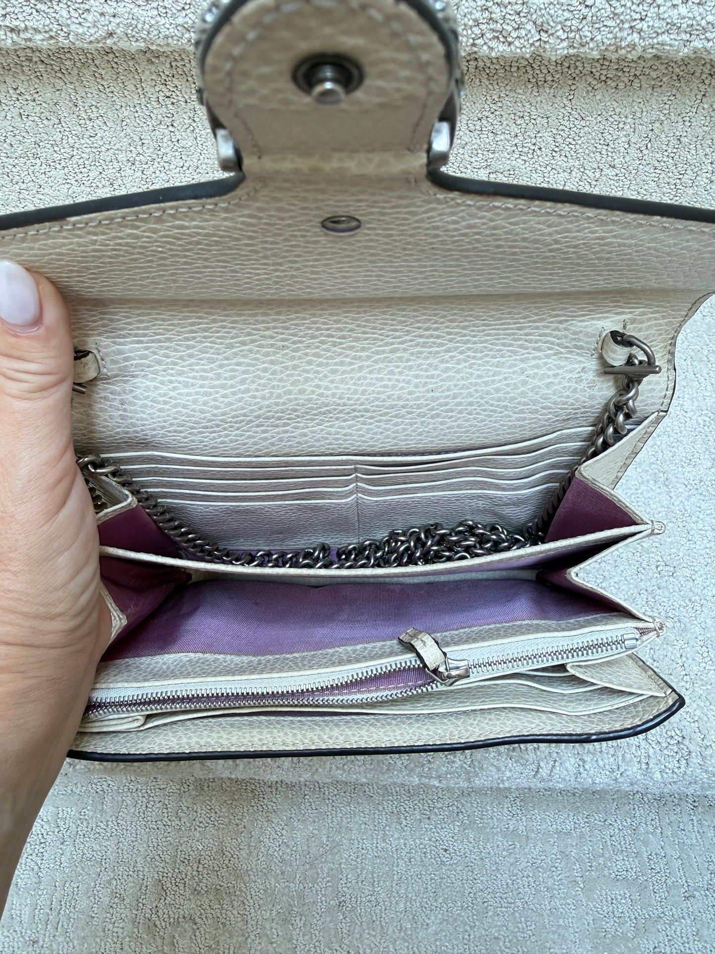 Gucci Calfskin Dionysus Wallet on Chain in Mystic White