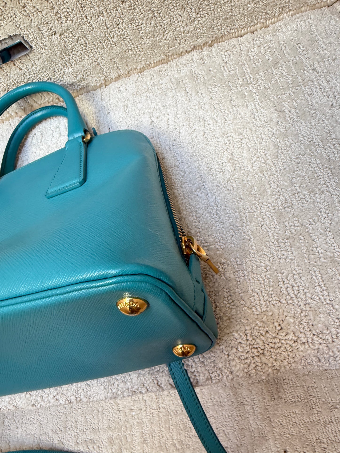 Prada Saffiano Lux Small Promenade Dome Tote in Turquoise Blue