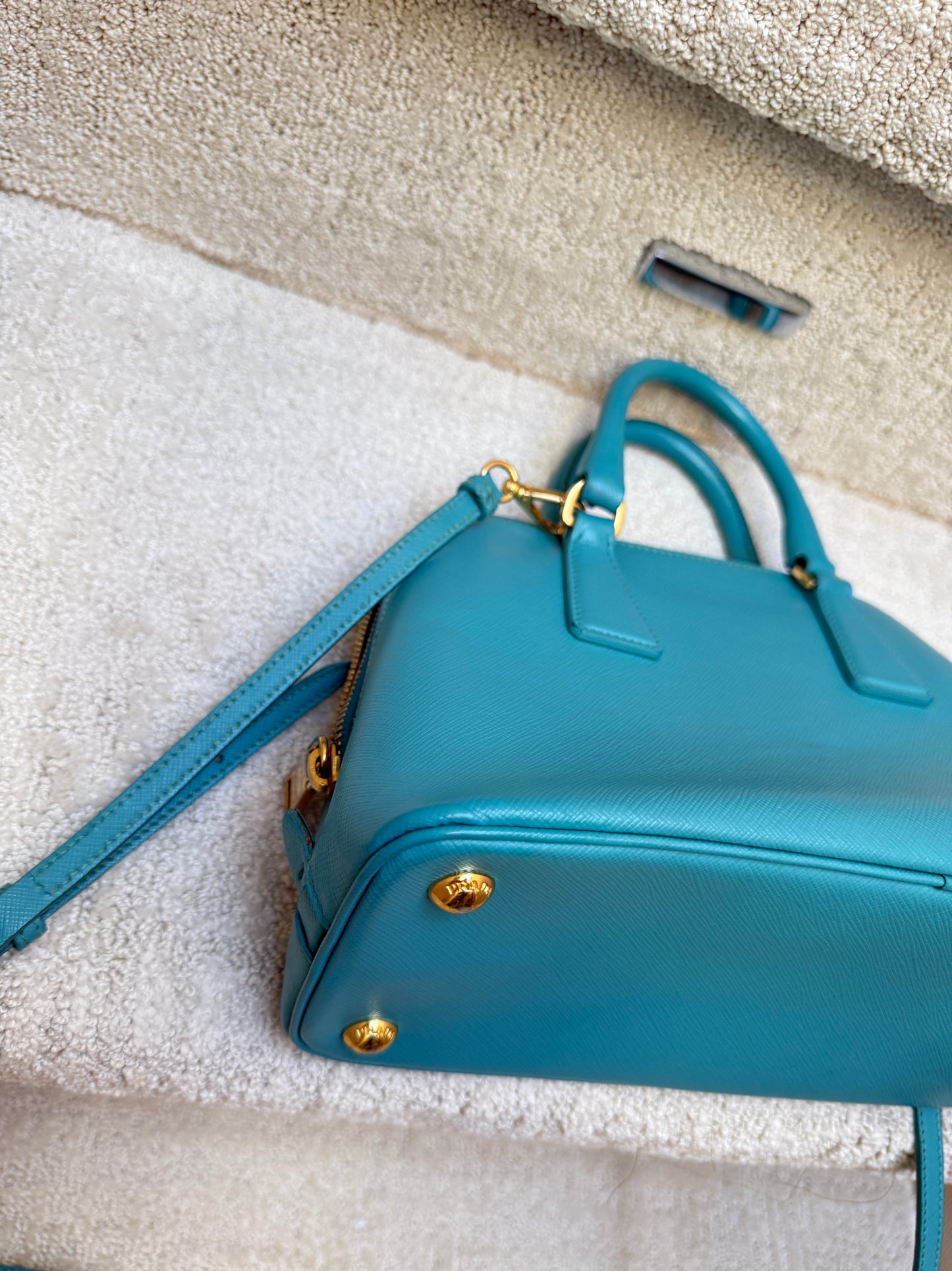 Prada Saffiano Lux Small Promenade Dome Tote in Turquoise Blue
