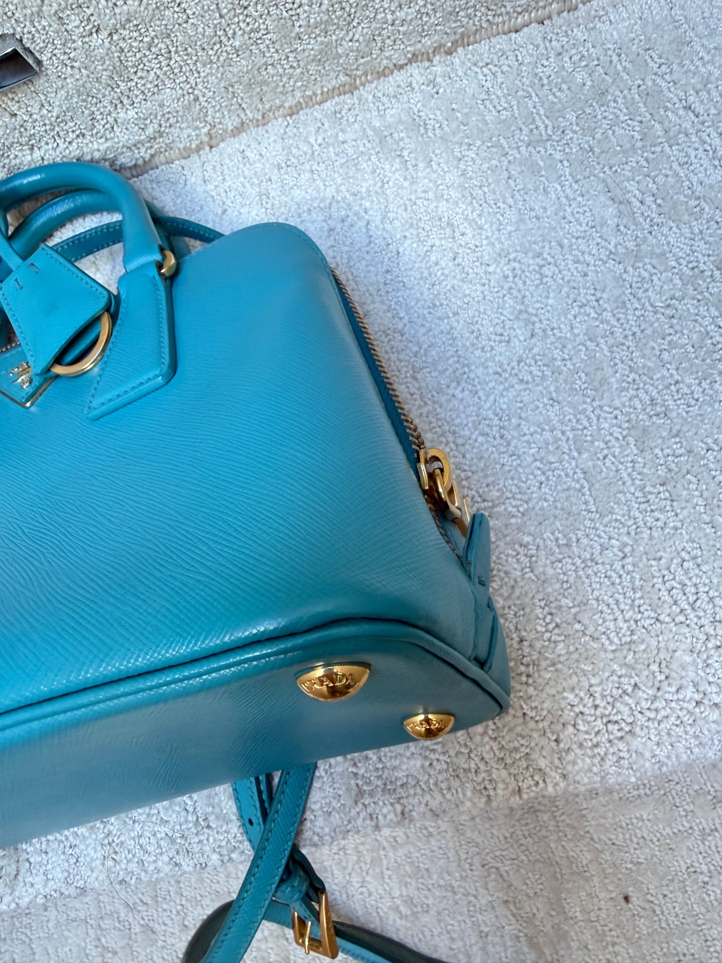 Prada Saffiano Lux Small Promenade Dome Tote in Turquoise Blue