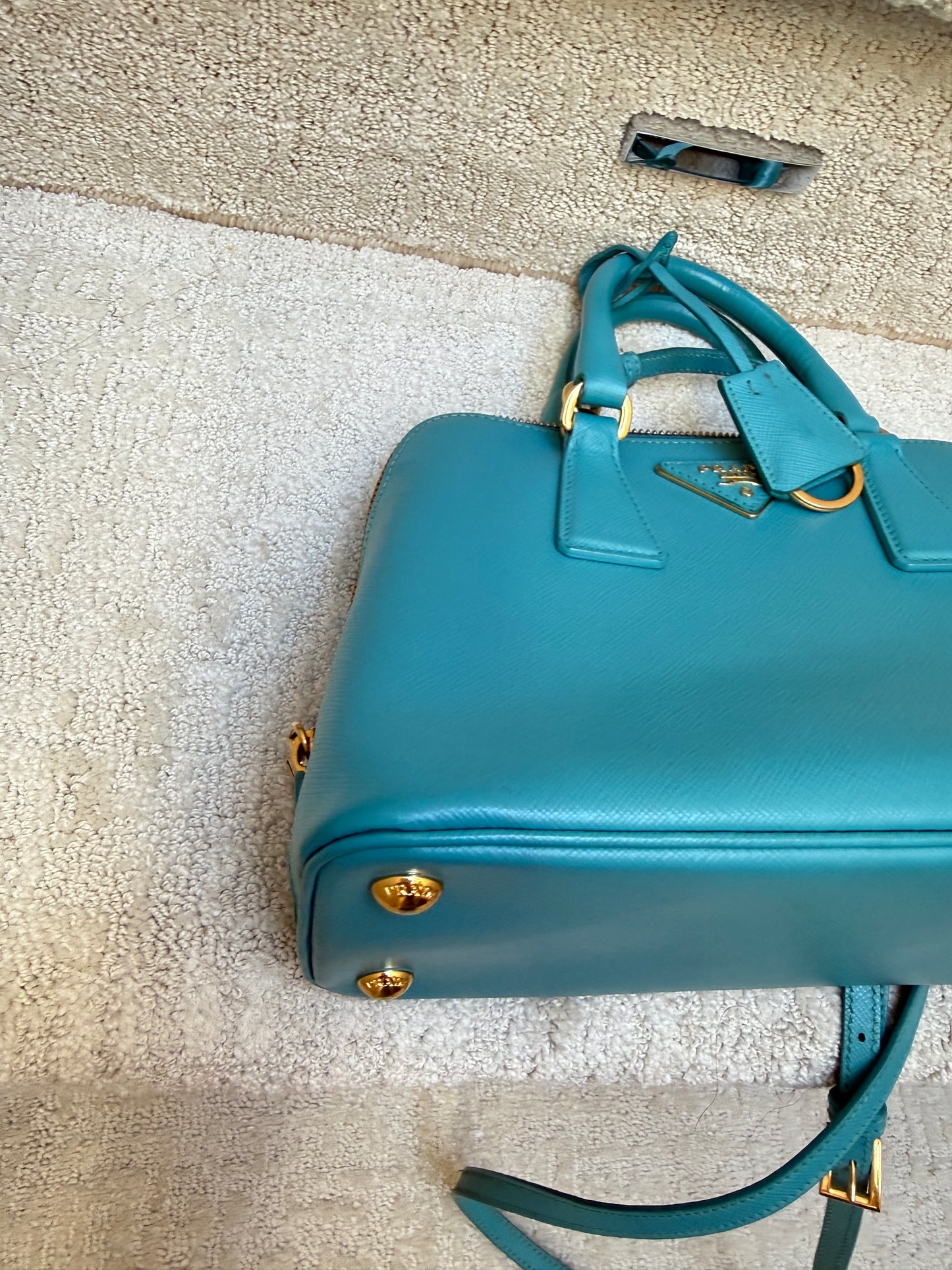 Prada Saffiano Lux Small Promenade Dome Tote in Turquoise Blue