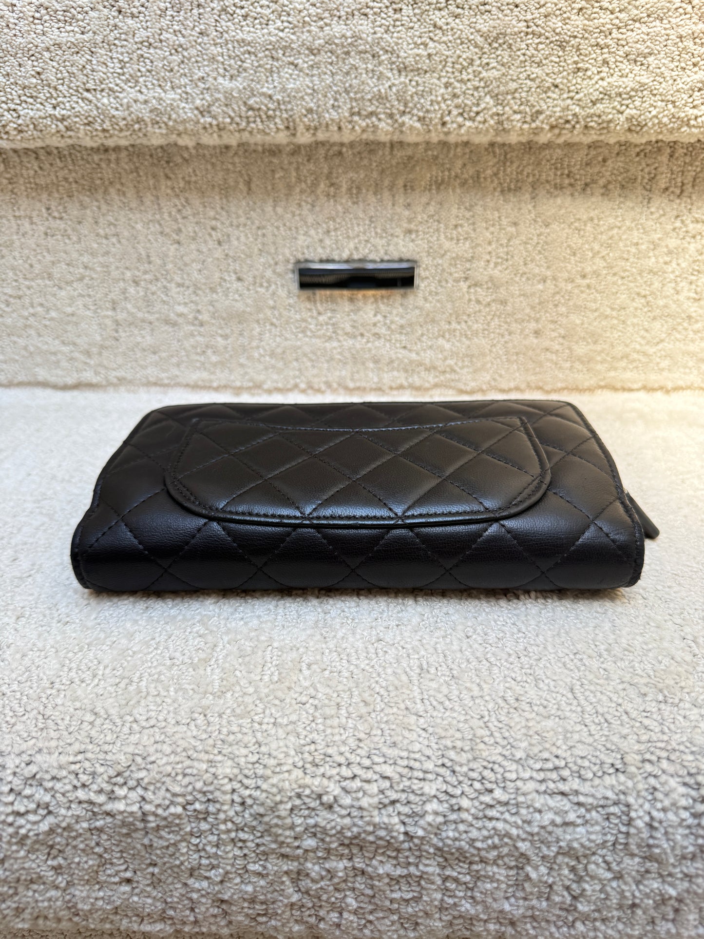 Chanel Lambskin Large Size Wallet with snap and exterior zipper in Black