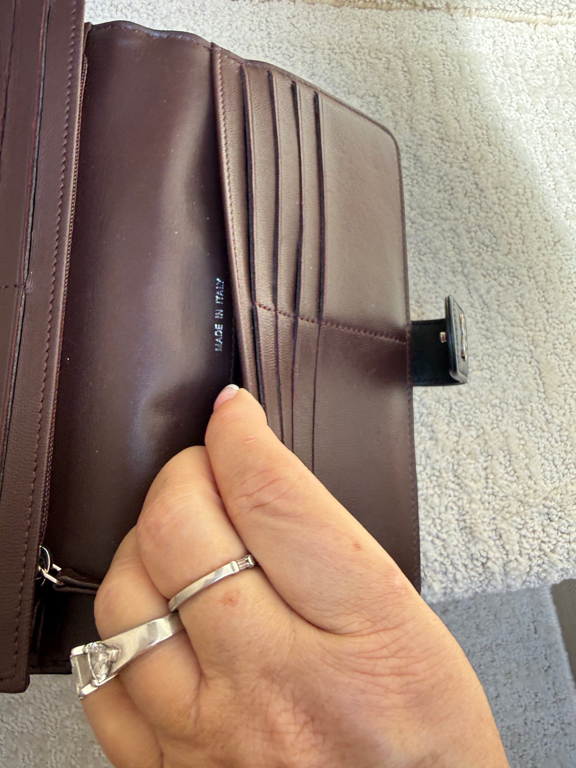 Interior ofChanel wallet showing made in Italy 