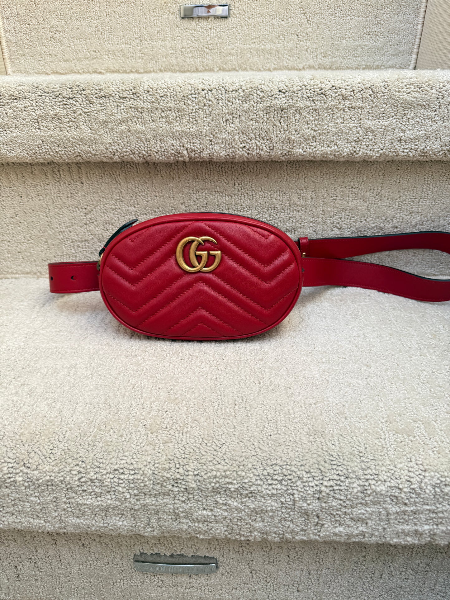 Gucci Red Quilted Leather GG Marmont Waist Belt Bag Size 95/38