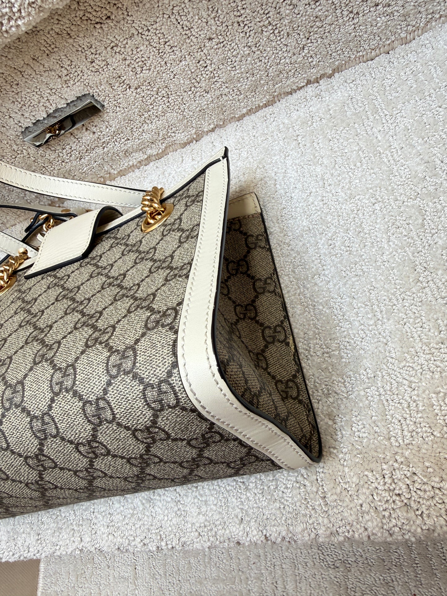Gucci GG Supreme Monogram Moon Padlock Tote Beige Ebony Mystic White