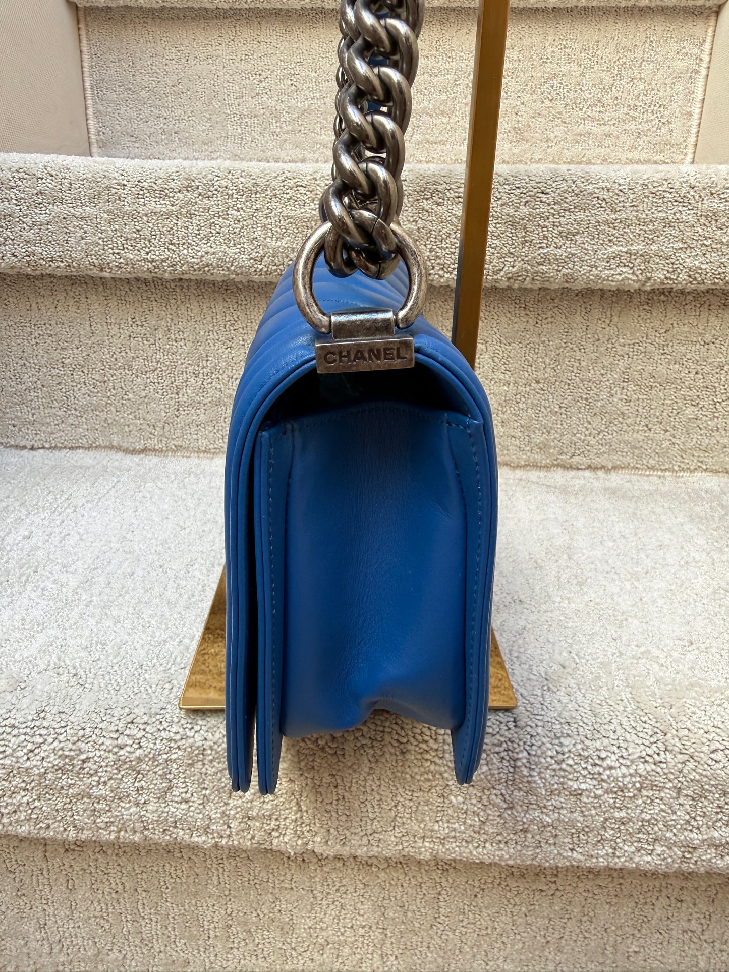 Chanel Boy Bag in Size Medium in Royal Blue with Ruthenium