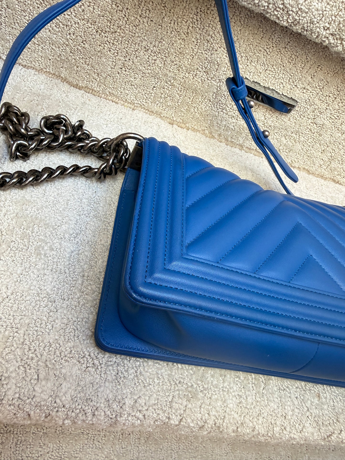 Chanel Boy Bag in Size Medium in Royal Blue with Ruthenium