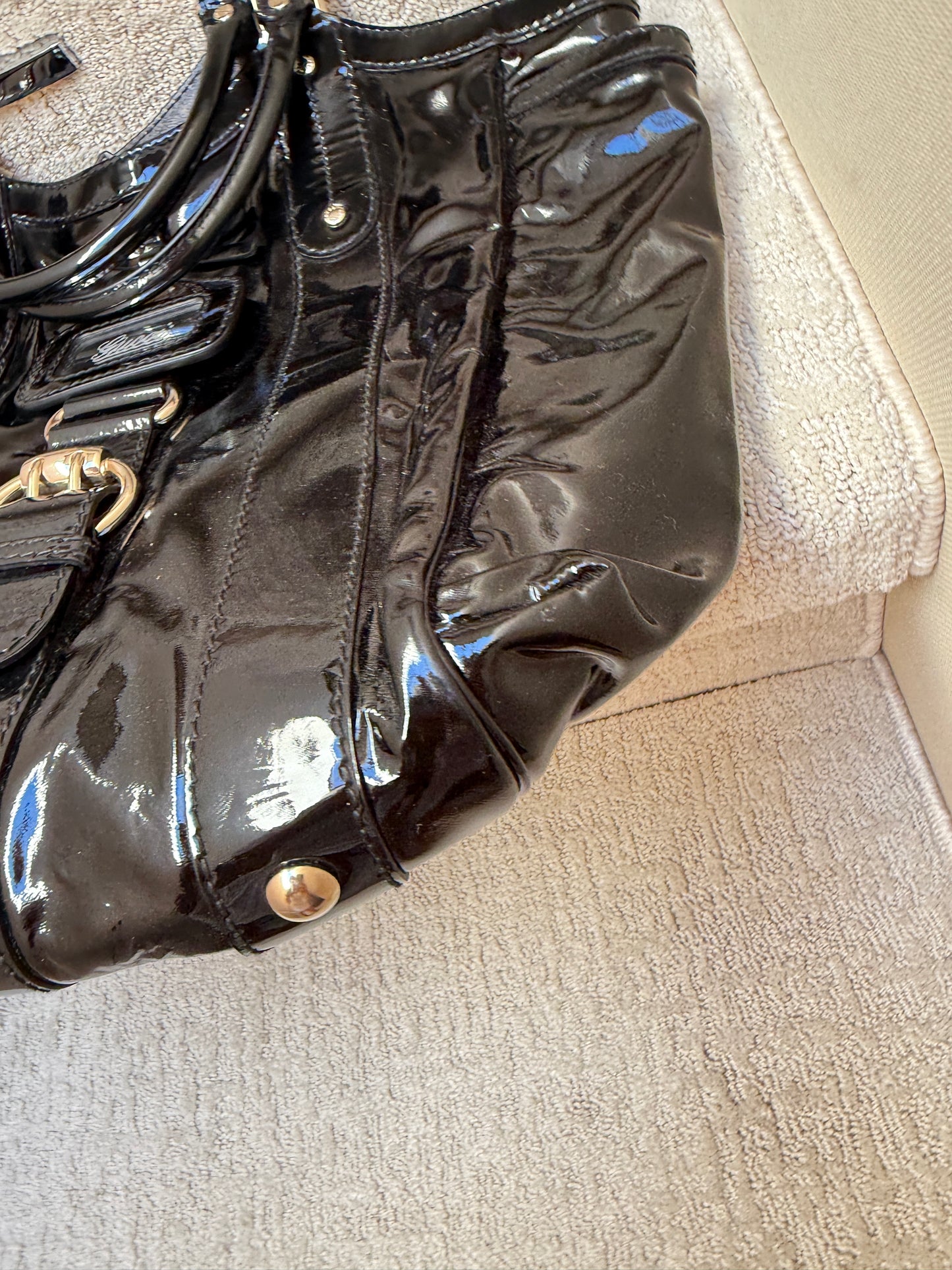 Gucci Patent Buckle Shoulder Tote Black