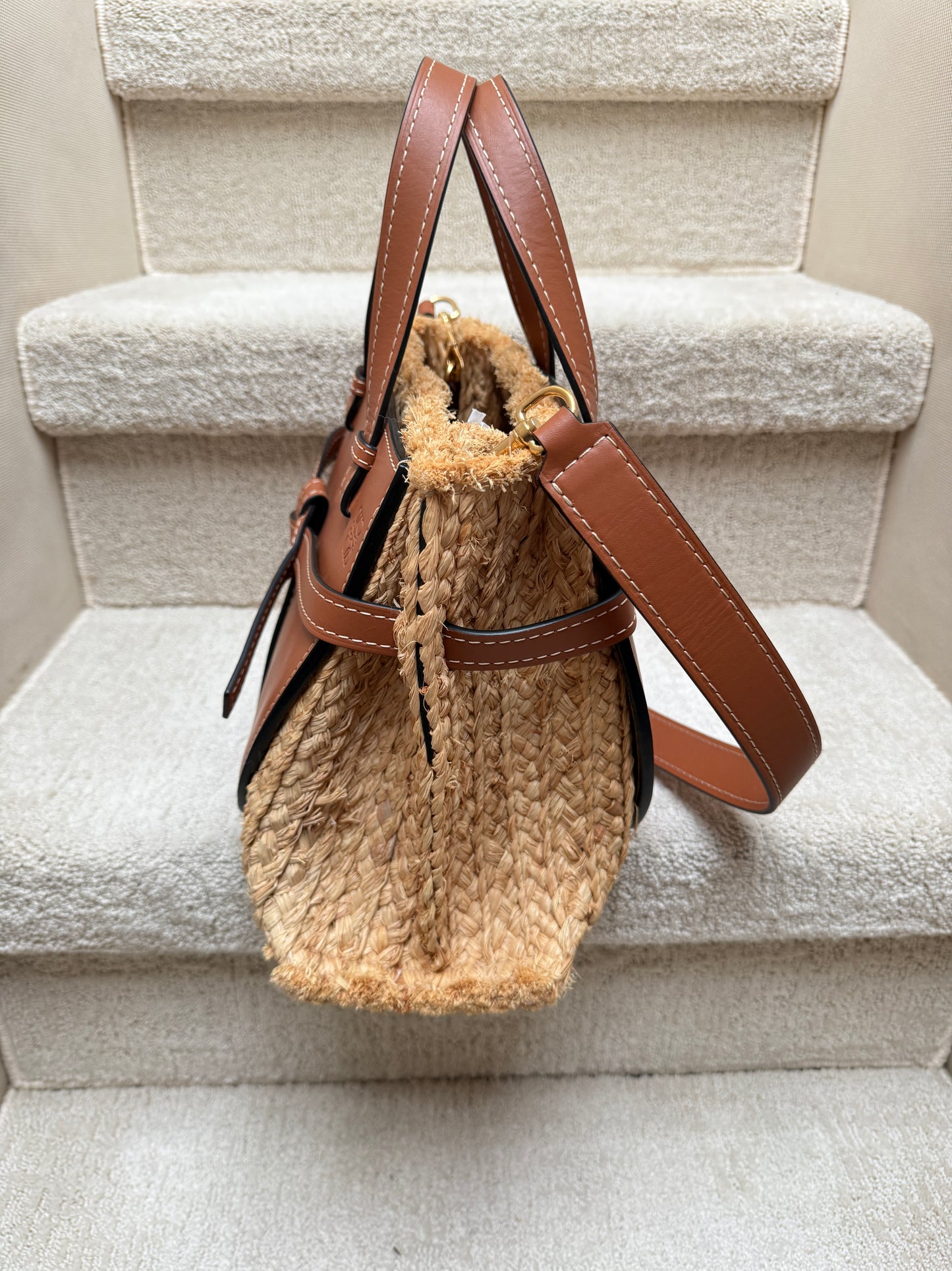 Loewe Dual Gate Satchel in Raffia & Brown Leather