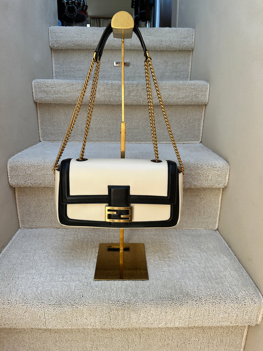 Fendi Baguette in Cream and Black with gold Hardware