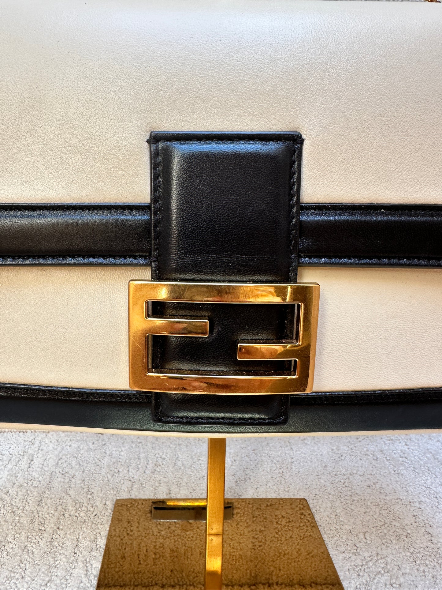 Fendi Baguette in Cream and Black with gold Hardware
