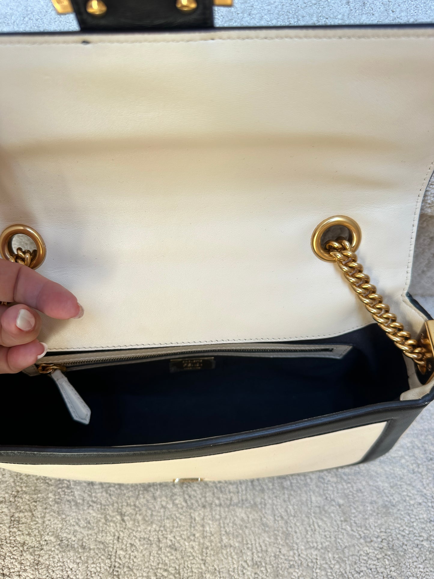 Fendi Baguette in Cream and Black with gold Hardware