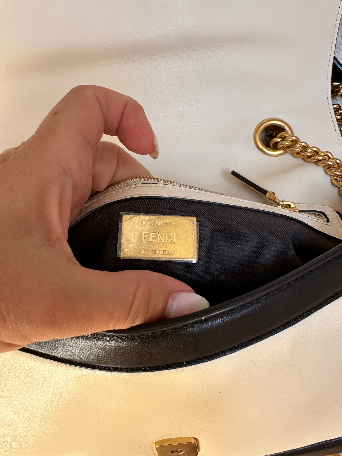 Fendi Baguette in Cream and Black with gold Hardware