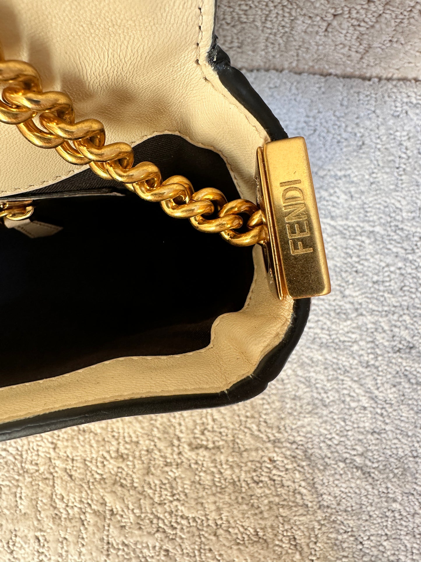 Fendi Baguette in Cream and Black with gold Hardware