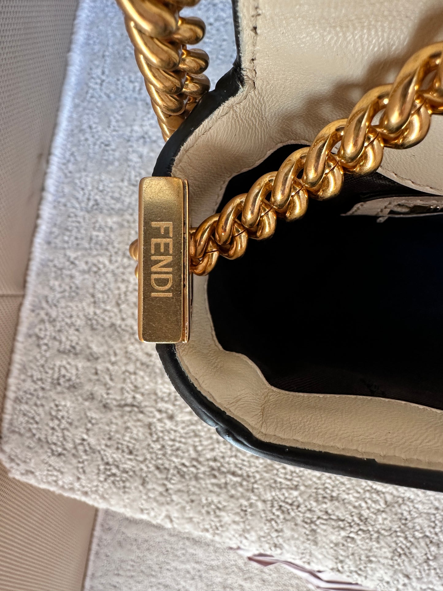 Fendi Baguette in Cream and Black with gold Hardware